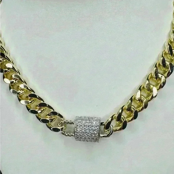 Gold Chunky Pave Lock On Cuban Link Chain Magnetic Closure - Picture 4 of 5
